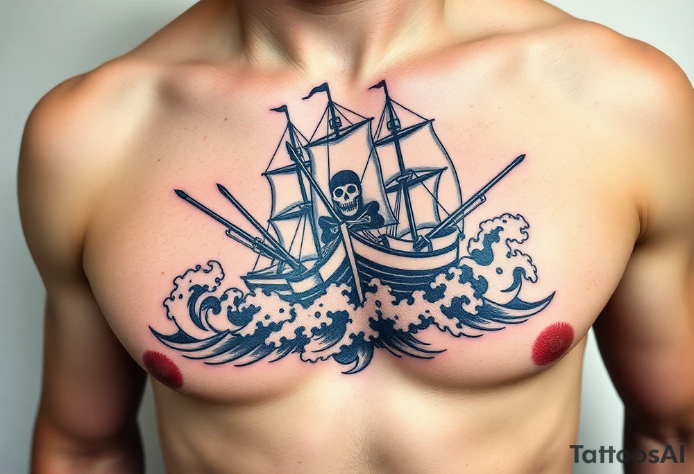 Chest piece with a pirate crew charging the shore with weapons drawn as the waves crash around them tattoo idea