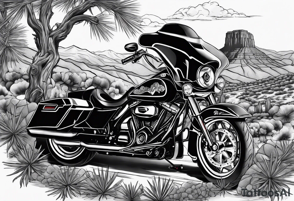Full arm tattoo that insides:
Arizona flag 
Lion
Street glide Harley motorcycle 
Winding rode with cactus on one side and pine trees on the other 
Mountain 
Vanitas tattoo idea
