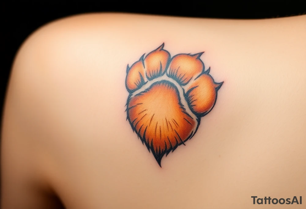 dog paw with fine fur details and warm shades of golden brown, caramel, and soft beige for a lifelike effect in a shape of heart tattoo idea