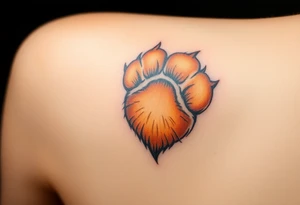 dog paw with fine fur details and warm shades of golden brown, caramel, and soft beige for a lifelike effect in a shape of heart tattoo idea
