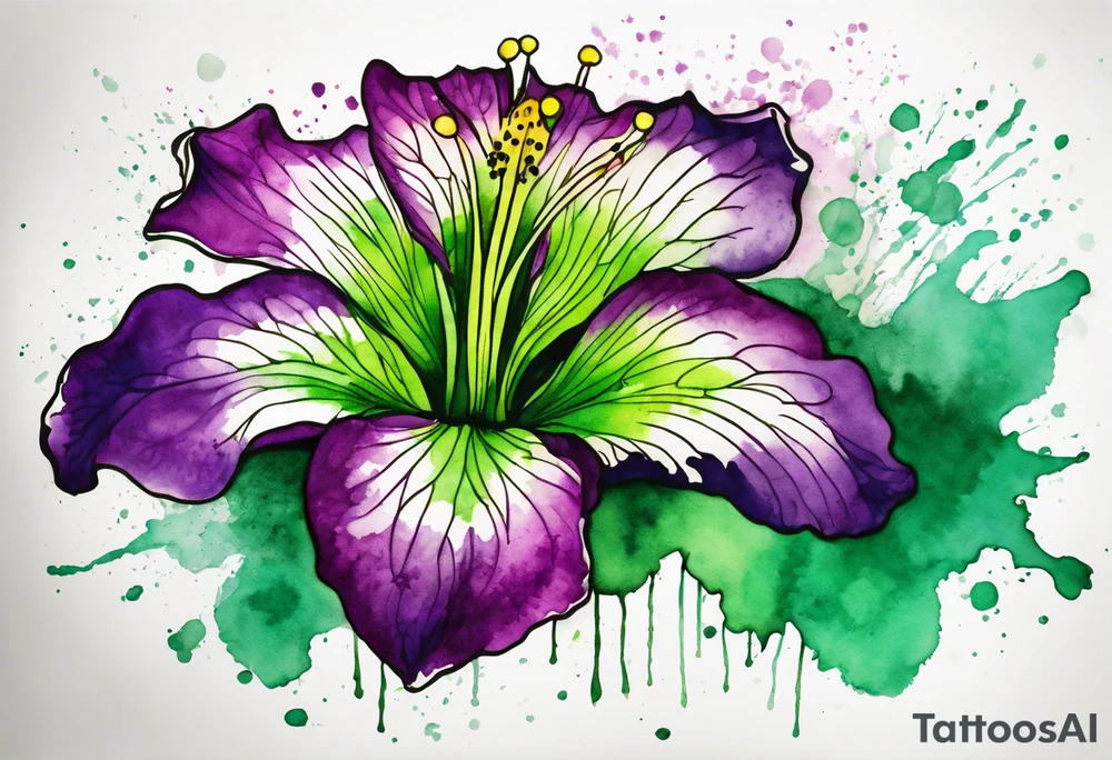 An outline of a green rio dipladenia flower and a green and purple watercolor splash in the background tattoo idea