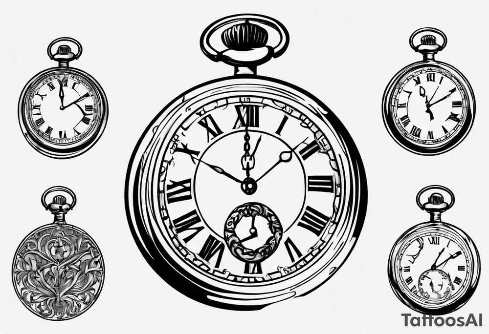 Pocket watch with chain, Roman numerals, date in Roman numerals inside timepiece, classic, elegant, traditional tattoo idea