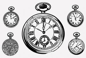 Pocket watch with chain, Roman numerals, date in Roman numerals inside timepiece, classic, elegant, traditional tattoo idea