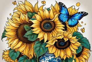 Sunflowers, full moon, blue morpho butterflies, cross tattoo idea