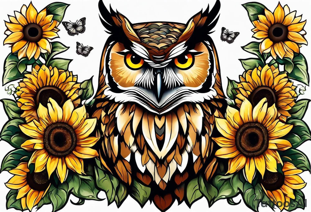 Arm sleeve with an owl surrounded by sunflowers with a butterfly on the sunflower tattoo idea