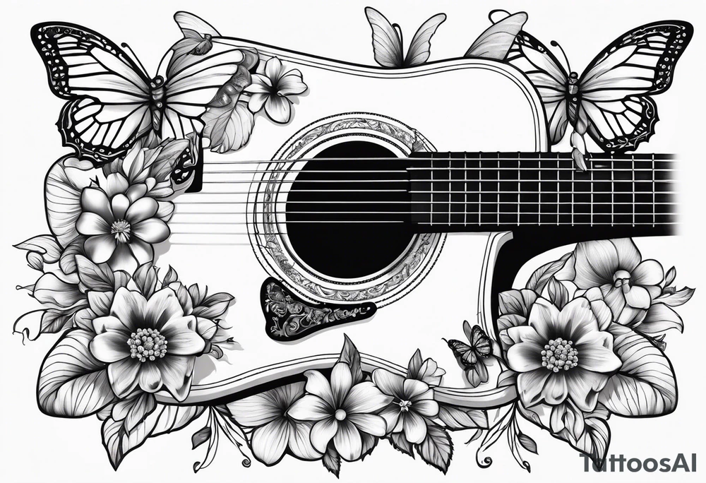 Guitar with flowers growing off the side, butterflies, small tattoo idea