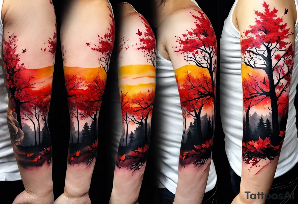 trash polka style. Arm tattoo. Long tattoo. Full sleeve. Shoulder. A single large maple tree with red autumn leaves that branches upwards from wrist to shoulder. White-throated dipper bird on the trees branches. Calluna flowers at the base of the trees stem. Tree stem has dark colors. Red/yellow sunset behind the trees stem. Leaves falling. tattoo idea