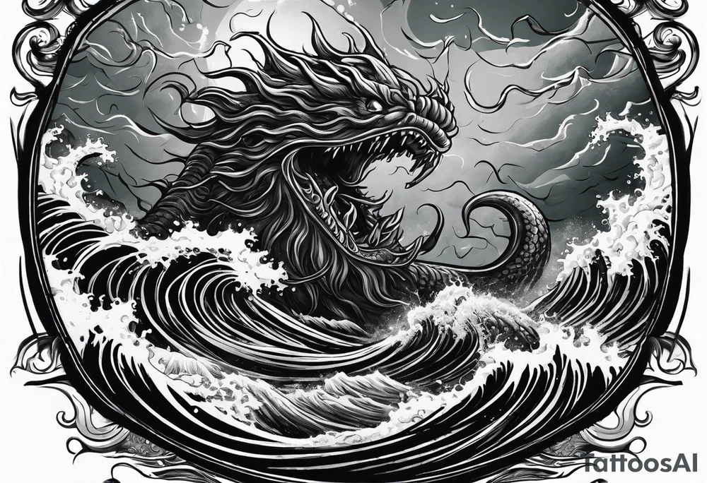 A kraken monster underwater ensnaring Poseidon as he thrust his trident into the beast. Turbulent storm with lightning & waves crashing tattoo idea