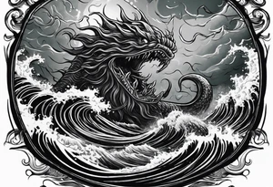 A kraken monster underwater ensnaring Poseidon as he thrust his trident into the beast. Turbulent storm with lightning & waves crashing tattoo idea