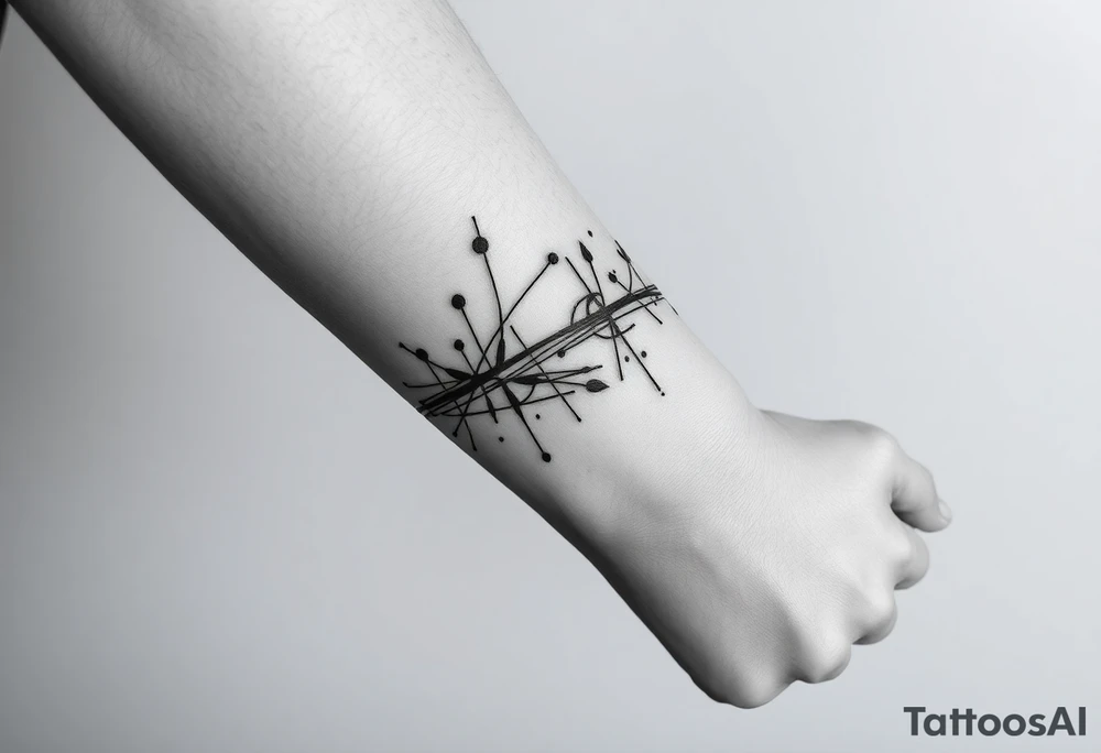 Abstract black line tattoo for a male.
Irregular, broken, sketch-like lines with sharp direction changes.
Non-elegant, non-minimal, non-feminine.
Raw hand-drawn tattoo stencil style.
Black ink only, no shading, no smooth curves.
Inner forearm wrapping around the elbow. THESE ARE SO COMPLEX. I DONT WANT THAT tattoo idea