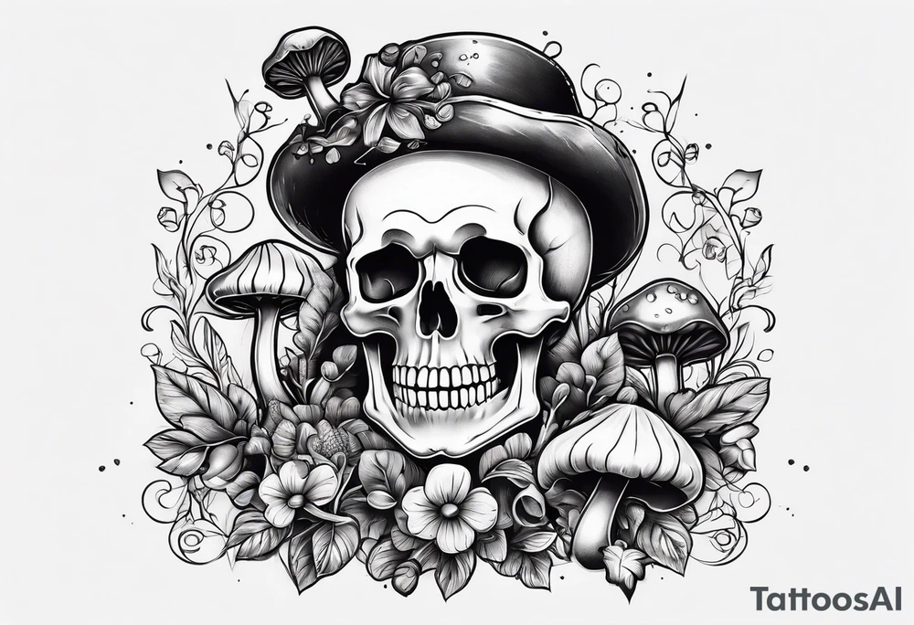 skeleton with mushrooms growing out of it tattoo idea