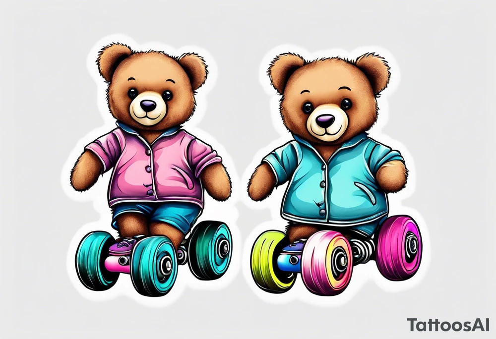 a teddy bear, wearing cute, pastel rainbow roller skates tattoo idea