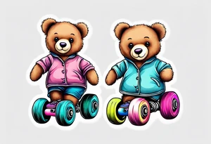 a teddy bear, wearing cute, pastel rainbow roller skates tattoo idea