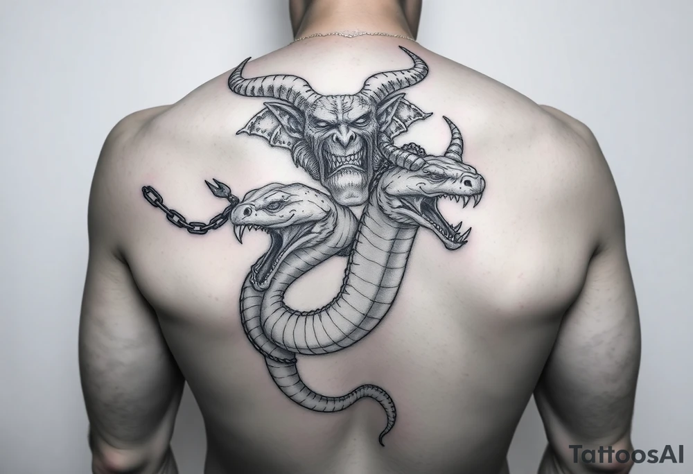 An giant ugly demonic man  holding a chain with a snake and something with devils horns ridding the snake both being slaves the snake has a wide shaped cobra head with goat horns and  a mouth full of sharp teeth and long fangs like a saber tooth tiger with the demonic guy riding on the back of snake tattoo idea