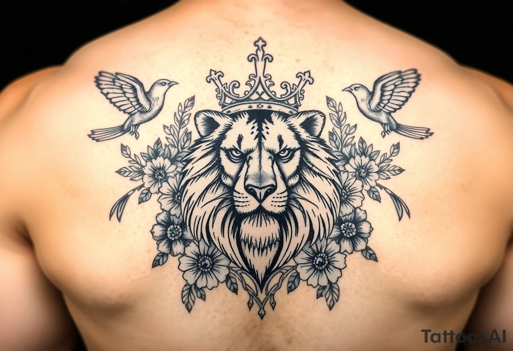 powerful majestic lion with a crown, surrounded by floral ornaments and birds tattoo idea