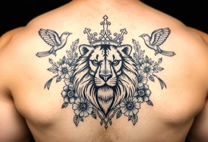 powerful majestic lion with a crown, surrounded by floral ornaments and birds tattoo idea