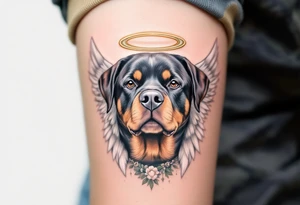 Rottweiler with Angel Wings – A memorial-style design with a realistic Rottweiler head and soft white angel wings, possibly with a halo. Muted full color or black and grey. tattoo idea