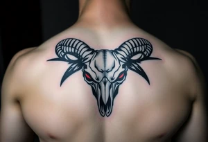 Evil Abstract looking taurus skull chest tattoo with red eyes tattoo idea