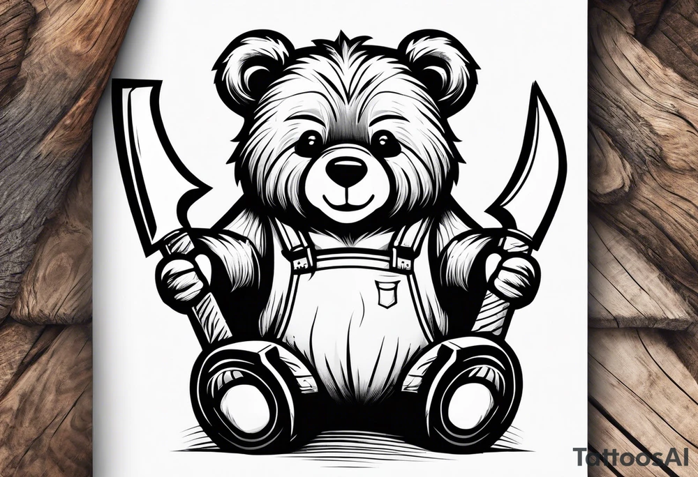 Half teddy bear and half grizzly bear holding a wood chopping ax tattoo idea