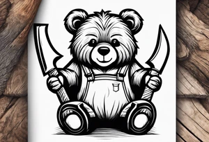 Half teddy bear and half grizzly bear holding a wood chopping ax tattoo idea