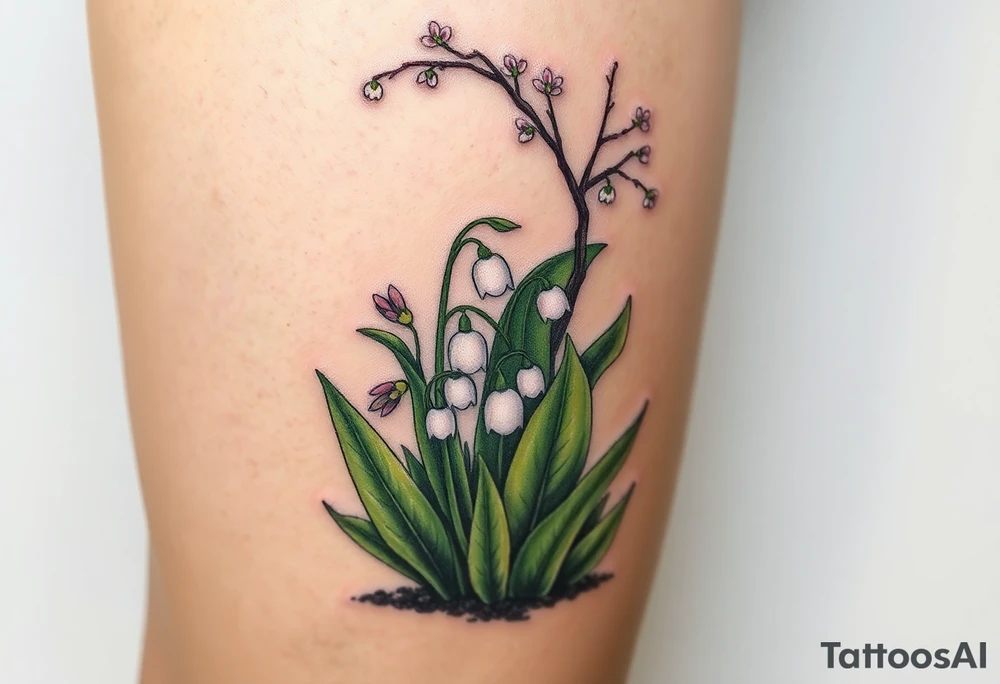 Small White lily in the valley bells growing next to other different colored lilie plants planted underneath a blooming hawthorn tree tattoo idea