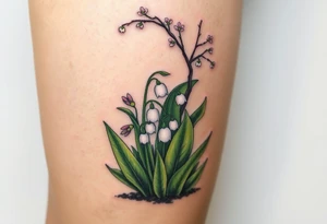 Small White lily in the valley bells growing next to other different colored lilie plants planted underneath a blooming hawthorn tree tattoo idea