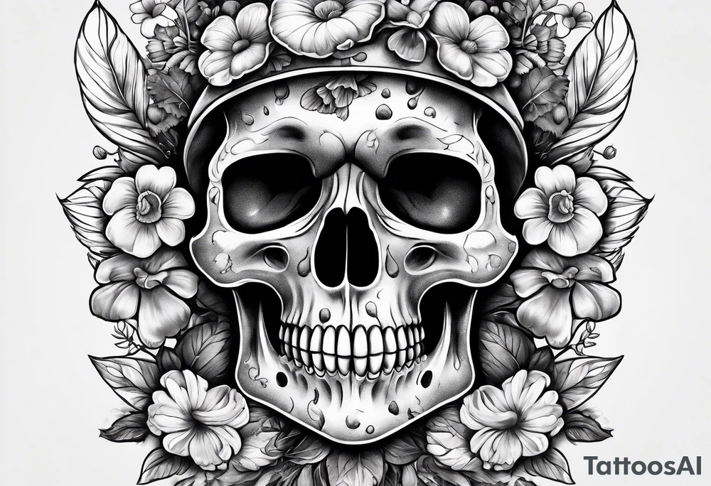 A skull covered in mushrooms and flowers tattoo idea