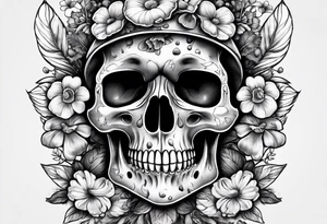 A skull covered in mushrooms and flowers tattoo idea