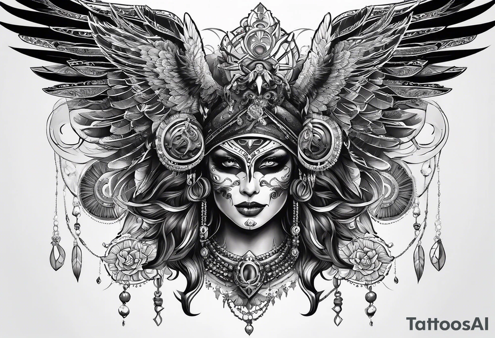 black kali, goddess pirate, alien, pachamama, valkrye, warrior, skull, lotus azul, wing, eagle, zenza resonance, stars, one side chest tattoo idea