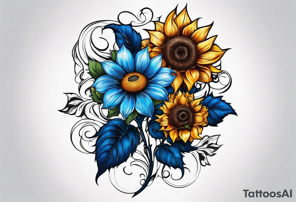 flower rose and blue, sunflower, tattoo idea