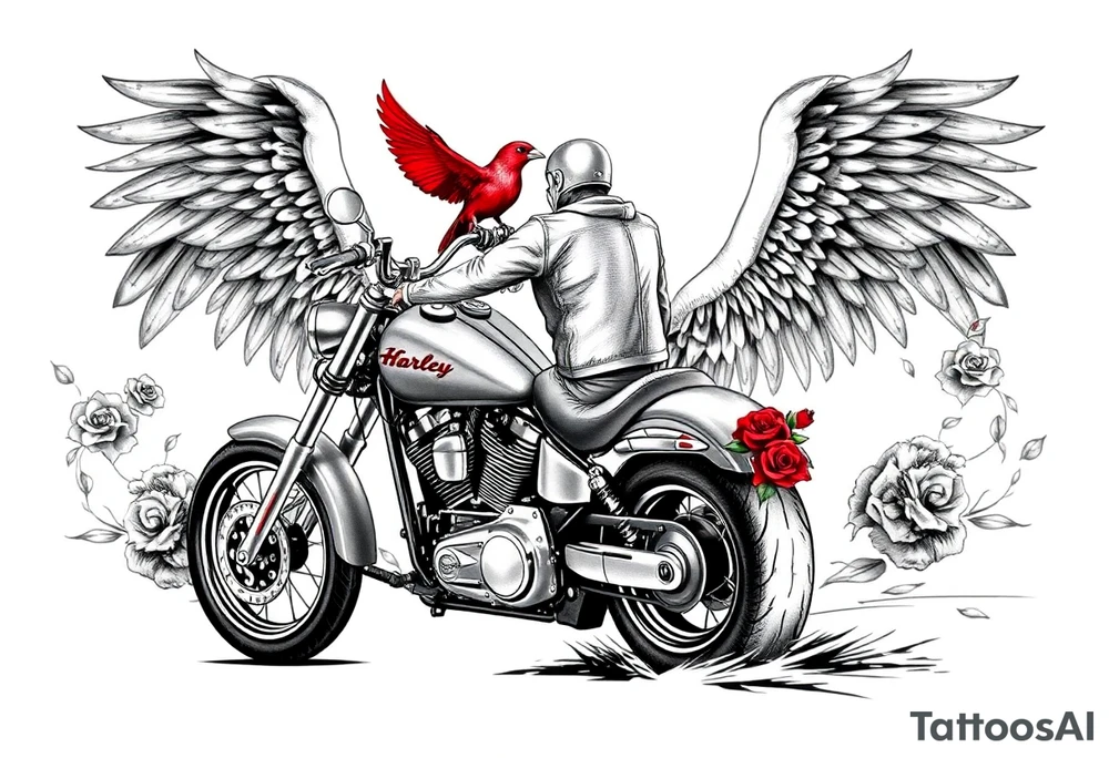 Harley grey motorcycle driving away, two red birds flying, roses, flames, angel wings tattoo idea