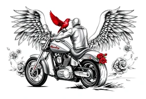 Harley grey motorcycle driving away, two red birds flying, roses, flames, angel wings tattoo idea