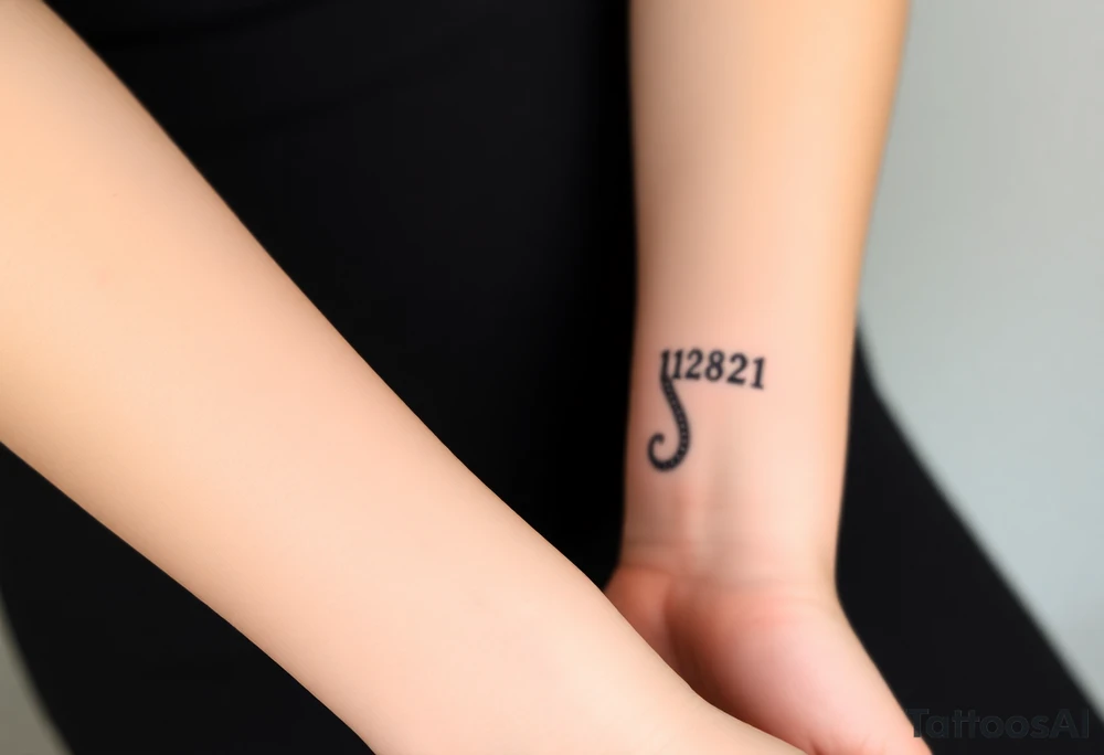 I want a small simple silhouette lines black and white wrist princess like girl snake tattoo that has number 12821 on its body along and also I want it to represent feminine energy crown queen Cycle tattoo idea