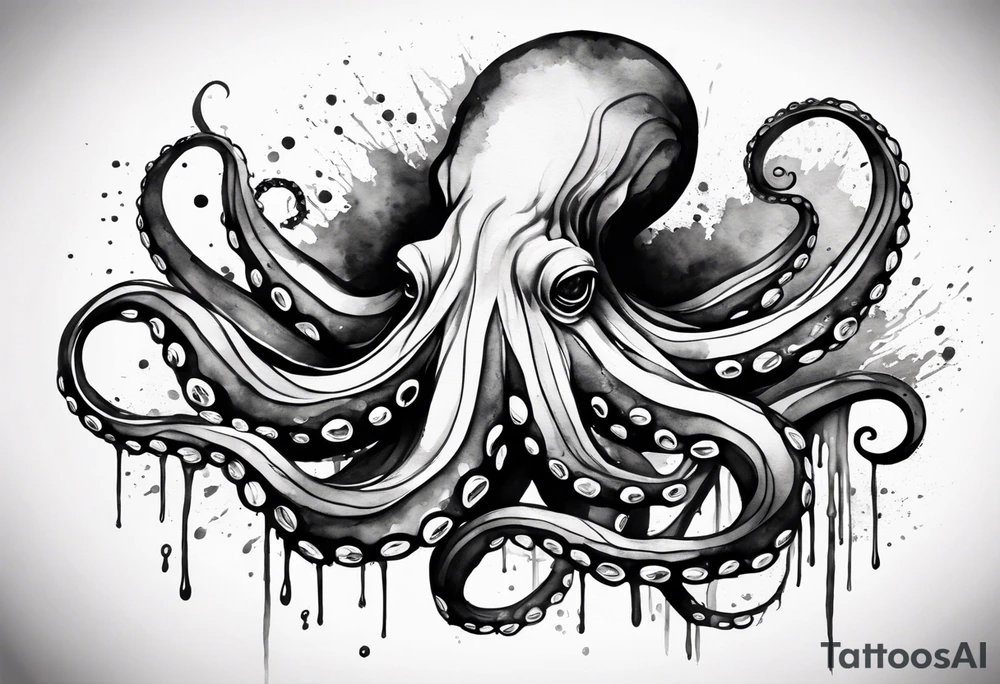 Using the watercolor technique to create a soft, flowing depiction of an octopus, with b and w that bleed outside the lines to represent the fluidity of water. tattoo idea