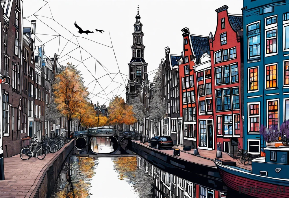 Tattoo of amsterdam buildings and canal featuring glass, wolf and stag in galaxy colours tattoo idea