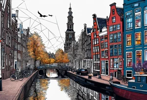 Tattoo of amsterdam buildings and canal featuring glass, wolf and stag in galaxy colours tattoo idea