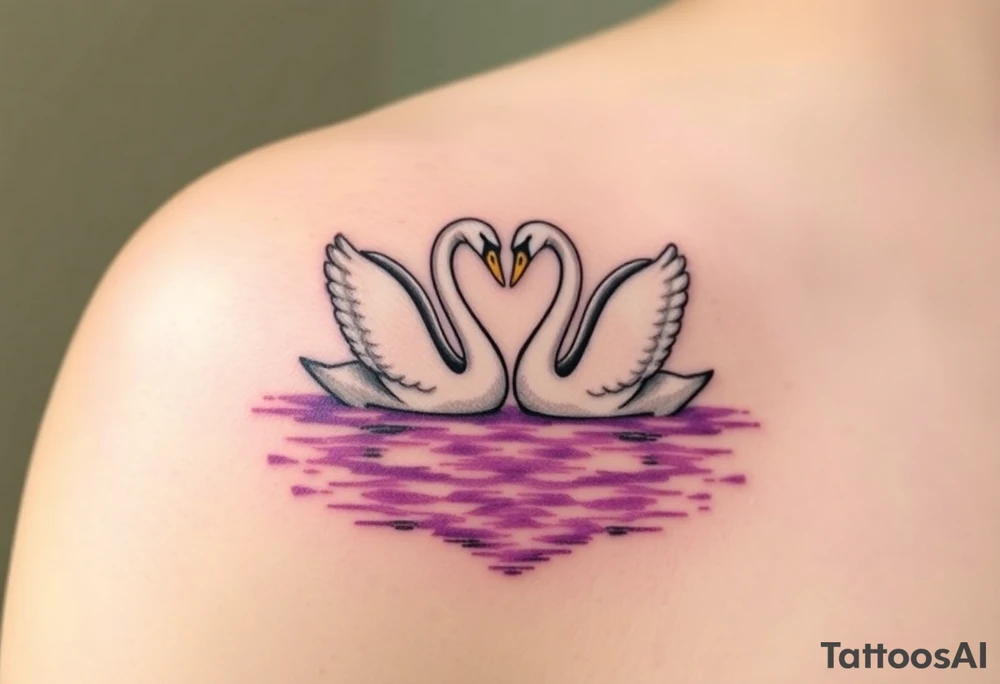 Two swans in graceful white with golden beaks, forming a heart with their necks, floating on a shimmering lavender-hued lake tattoo idea