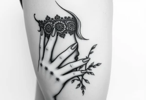 Black and white profile of woman with chin pressed on hand, lace covering  her eyes, mouth open suckling on fingers tattoo idea