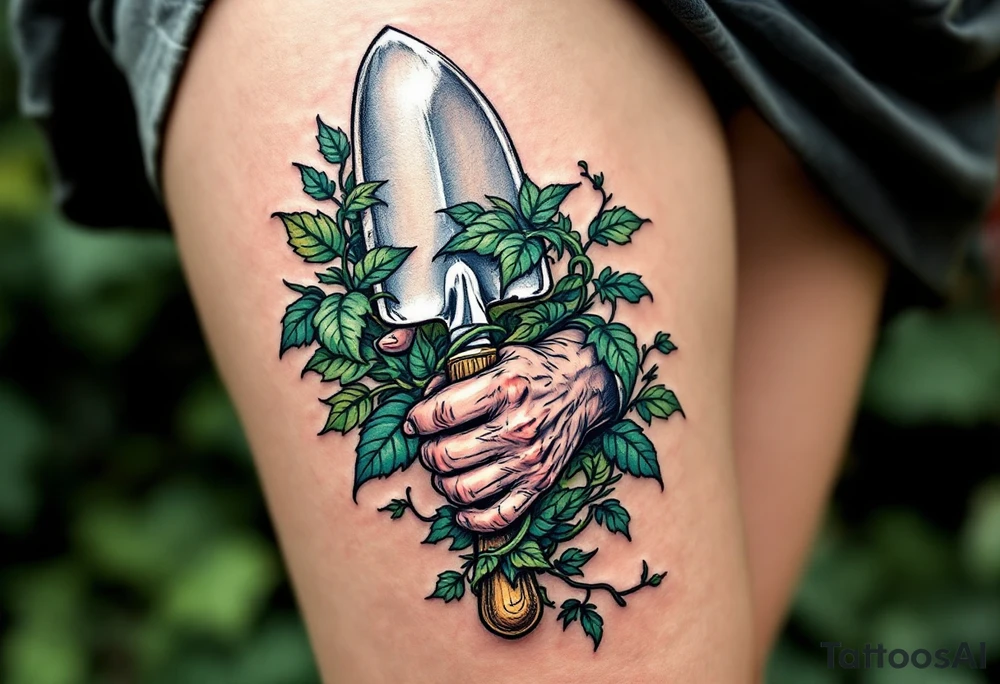 "Komu se neleni, tomu se zeleni." — Lush green vines wrapping around a pair of hard-working hands holding a trowel, with the phrase blooming along the handle. tattoo idea