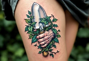 "Komu se neleni, tomu se zeleni." — Lush green vines wrapping around a pair of hard-working hands holding a trowel, with the phrase blooming along the handle. tattoo idea