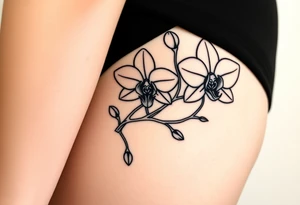 Tattoo flash of three fine line orchids different size realistic, the central part resembles a vagina. Are connected with branches tattoo idea