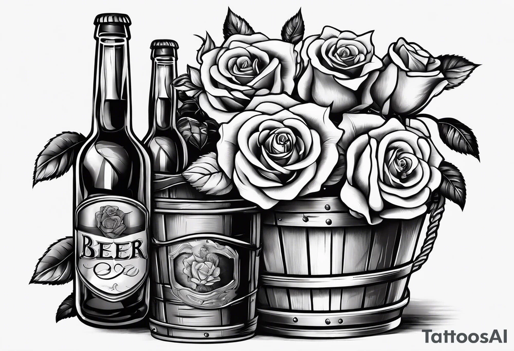 A bottle of beer and a stalk of rose in the bucket tattoo idea