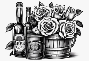 A bottle of beer and a stalk of rose in the bucket tattoo idea