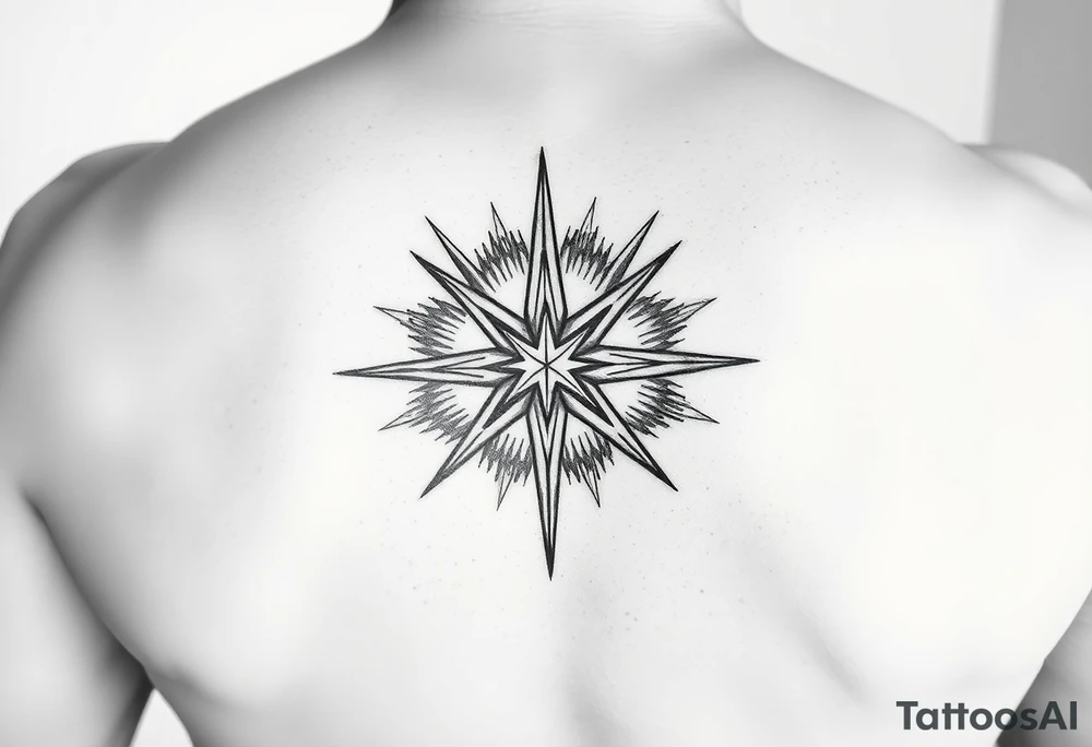 A highly artistic tattoo design with a central focus on a radiant star, symbolizing guidance and empowerment. black and white. small tattoo idea