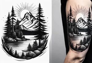 male forearm mountains and pine trees with water tattoo idea