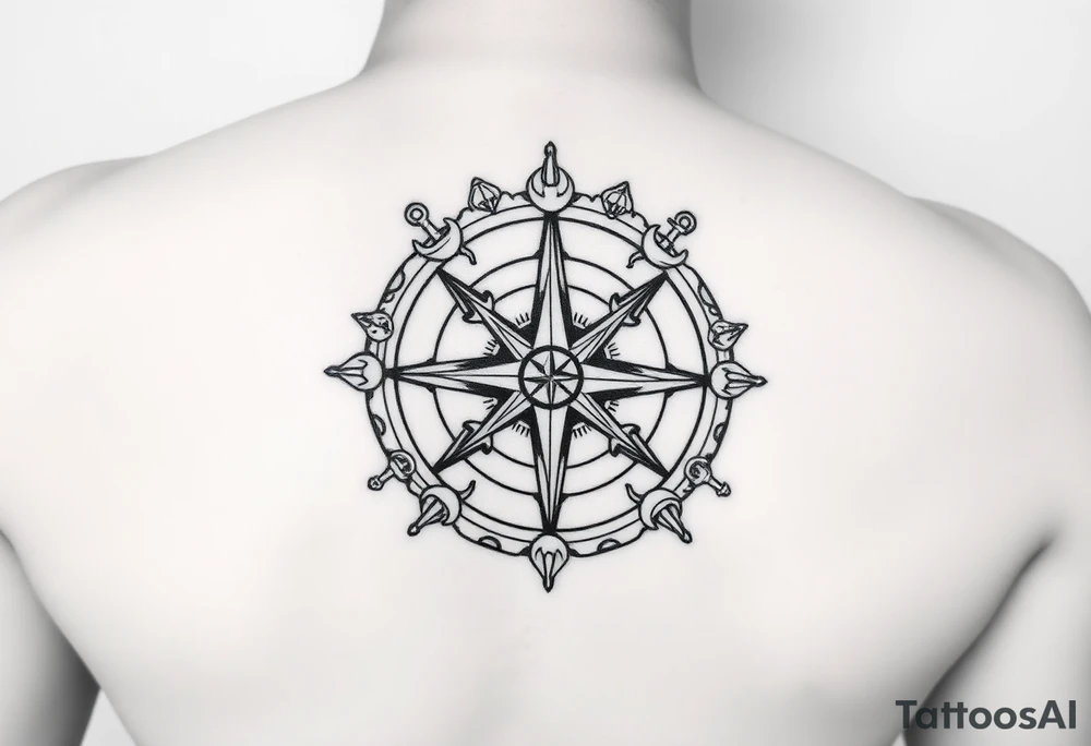 Tattoo sketch, black and white, clean line art. Central Vegvísir (Norse compass) symbol, surrounded by circular frame of stylized ocean waves, foam, shells and anchors. Balanced composition, fine line details, mythological marine theme. Minimalist but bold, stencil-style, designed for forearm tattoo. tattoo idea