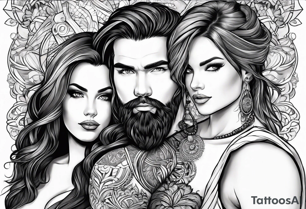 Busty red haired woman with a bearded man who has black hair tattoo idea