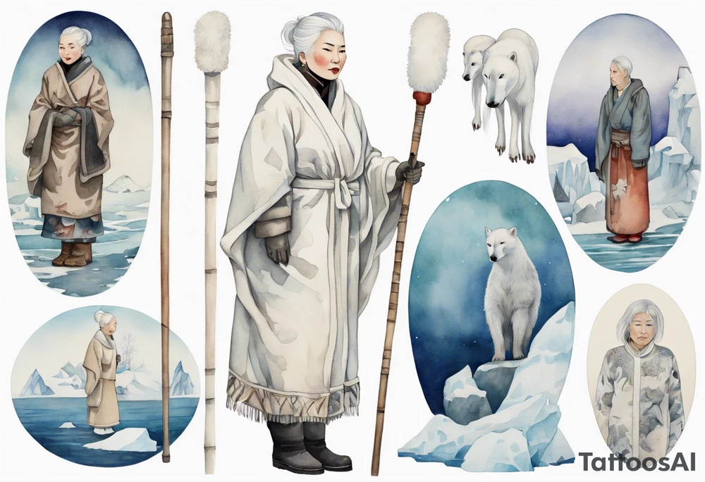 a middle aged Inuit woman with white hair wearing a white robe, white mittens and mukluks holding a plain white staff, standing on an iceberg tattoo idea