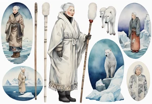 a middle aged Inuit woman with white hair wearing a white robe, white mittens and mukluks holding a plain white staff, standing on an iceberg tattoo idea