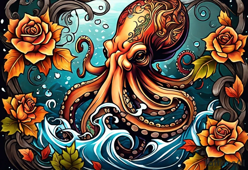 masculine abstract left thigh tattoo with a large long flowing octopus in water swirls wrapping around rocks, a rose, in fall colors with some small leaves and fall elements tattoo idea